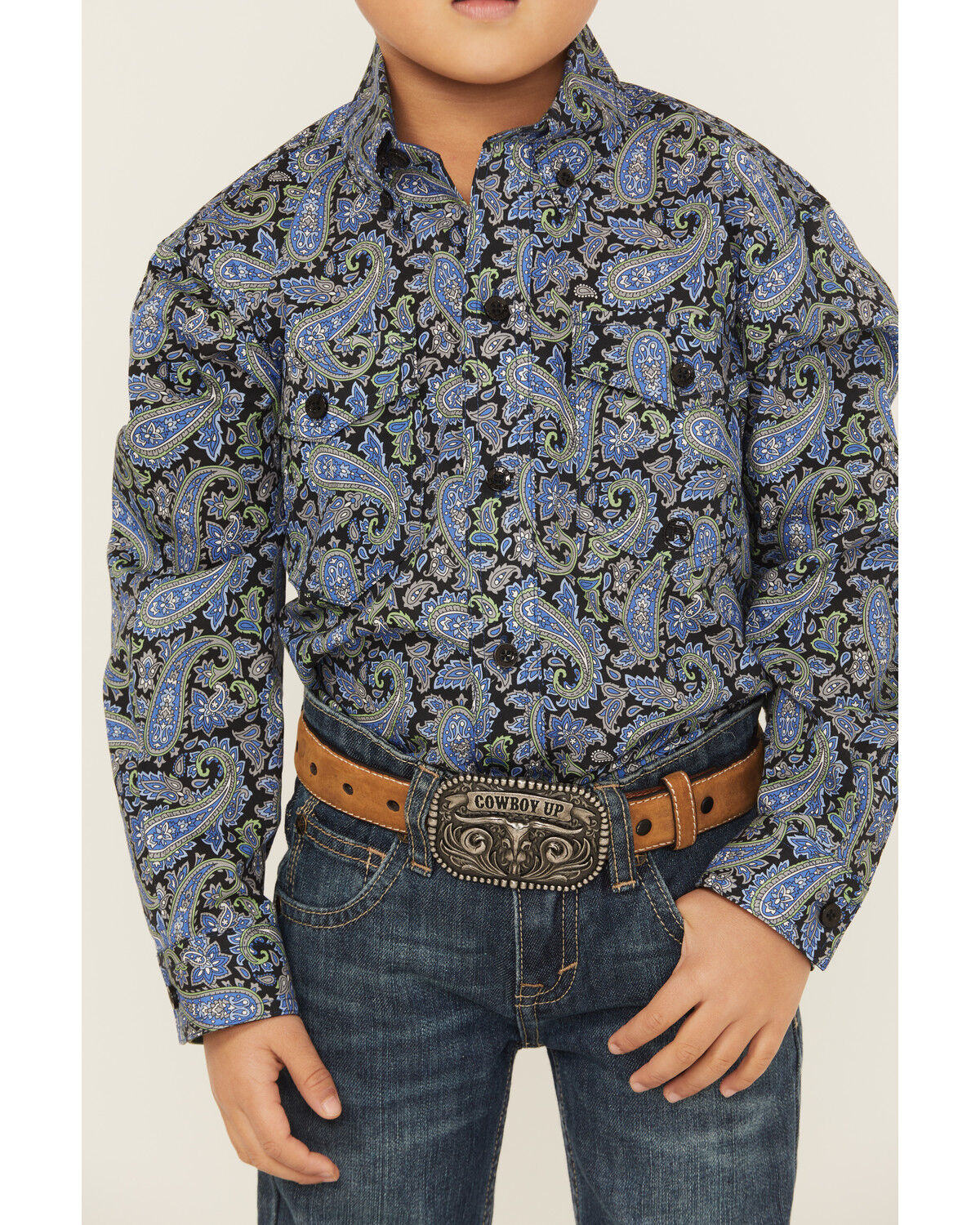 Image #2 - Roper Boys' Paisley Print Long Sleeve Button-Down Western Shirt, Blue, hi-res