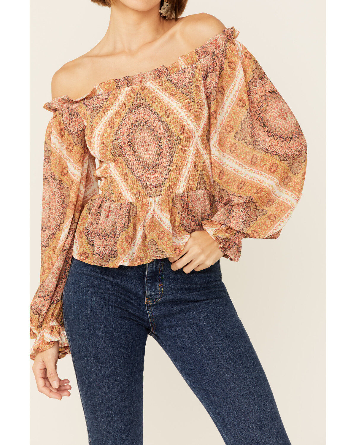 Image #2 - Flying Tomato Women's Boho Print Cold Shoulder Top, Brown, hi-res