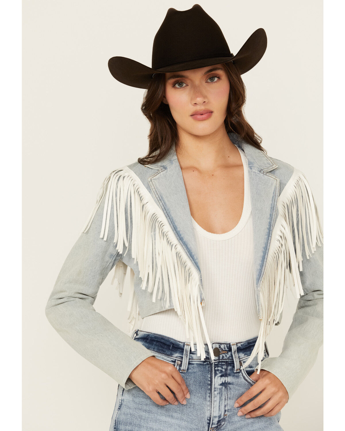 Image #2 - Azalea Wang Women's Halina Fringe Light Wash Cropped Denim Jacket, Light Wash, hi-res