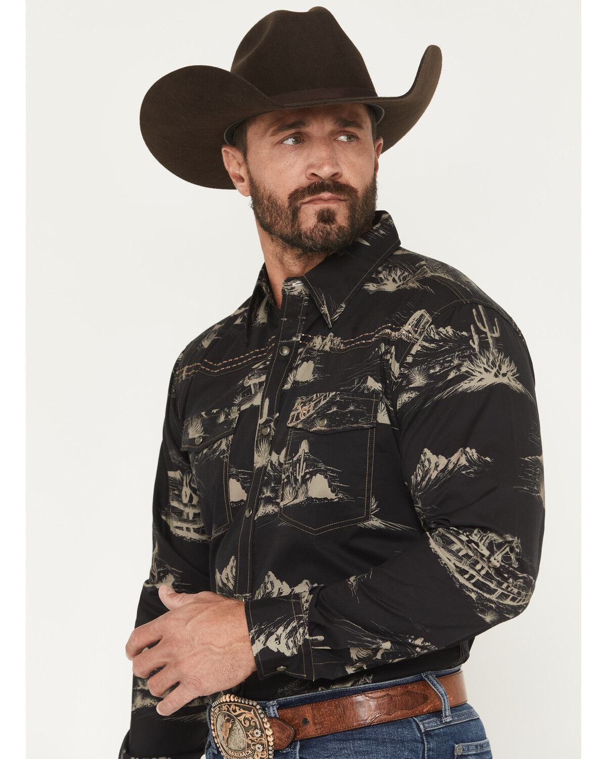 Image #2 - Cowboy Hardware Men's Western Scenery Print Long Sleeve Snap Stretch Western Shirt, Black, hi-res