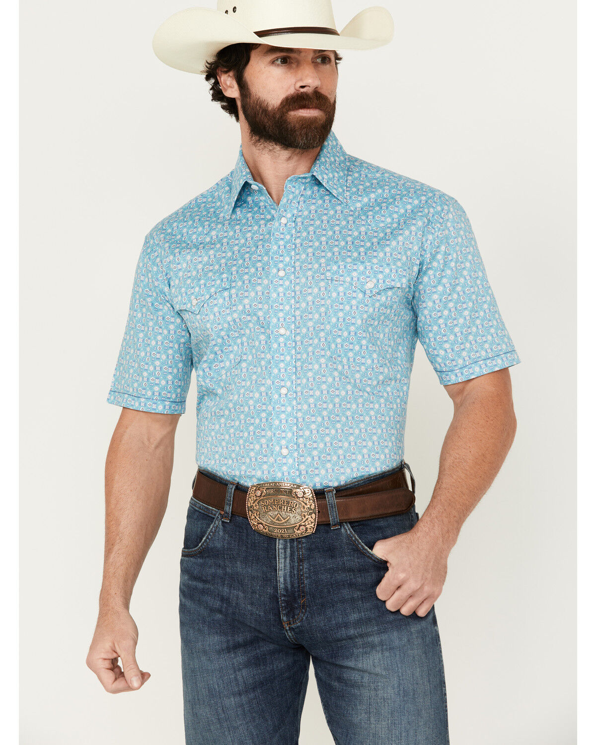 Image #1 - Panhandle Men's Southwestern Print Short Sleeve Pearl Snap Stretch Western Shirt, Aqua, hi-res