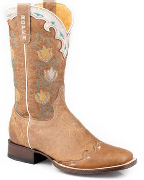Roper Women's Retro Flora Western Boots - Broad Square Toe, Brown, hi-res