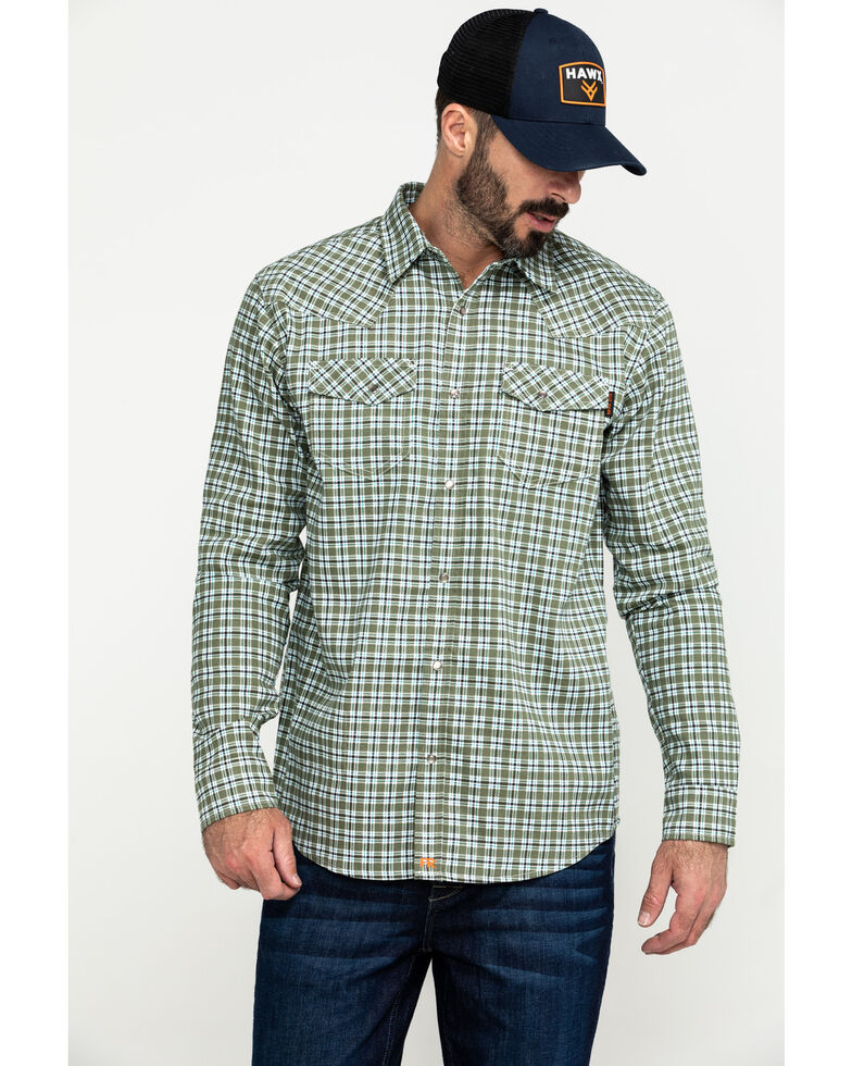 Cody James Men's FR Woven Plaid Long Sleeve Button-Down Work Shirt , Green, hi-res