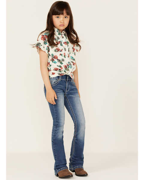 Image #2 - Shyanne Girl's Floral Print Short Sleeve Tie Front Western Pearl Snap Shirt, Ivory, hi-res
