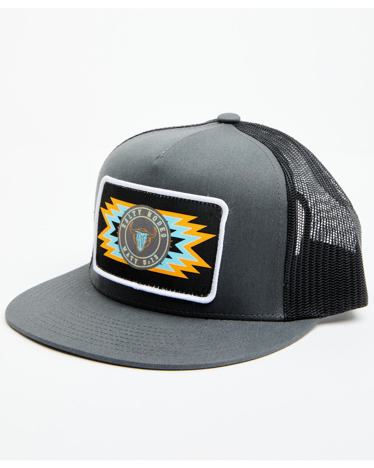 Image #1 - Salty Rodeo Men's Riata Southwestern Patch Trucker Cap, Grey, hi-res