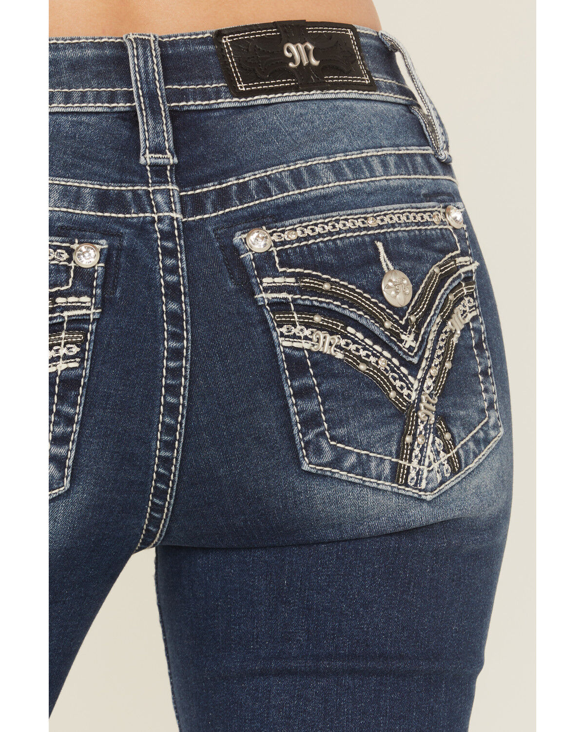 Image #2 - Miss Me Women's Dark Wash Mid Rise Embroidered Pocket 32" Bootcut Stretch Denim Jeans, Dark Wash, hi-res