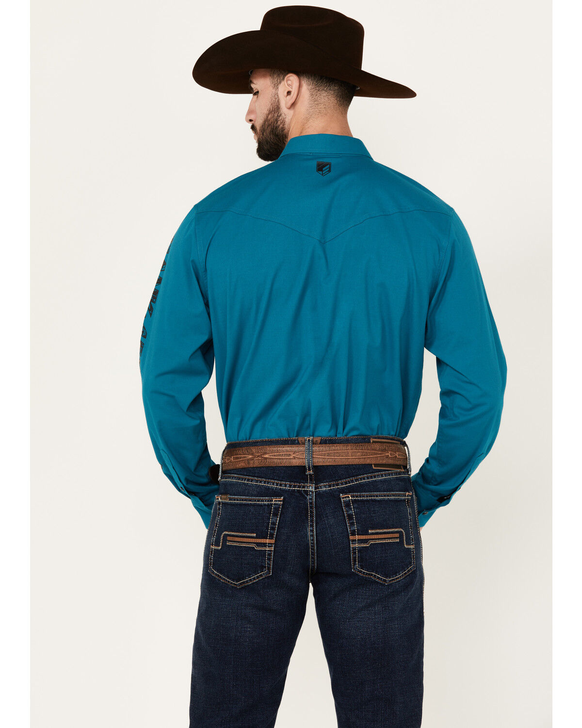 Image #4 - RANK 45® Men's Solid Logo Long Sleeve Performance Stretch Western Shirt, Teal, hi-res