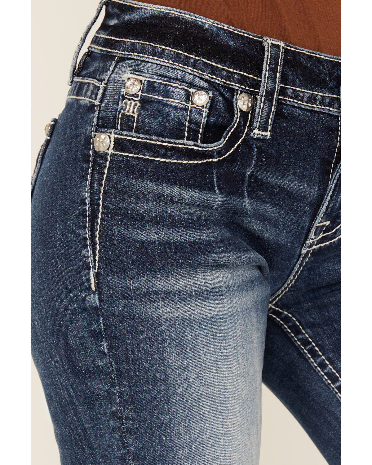 Image #4 - Miss Me Women's Medium Wash Mid Rise Cowhide Steer Head Pocket 32" Bootcut Stretch Denim Jeans, Medium Wash, hi-res