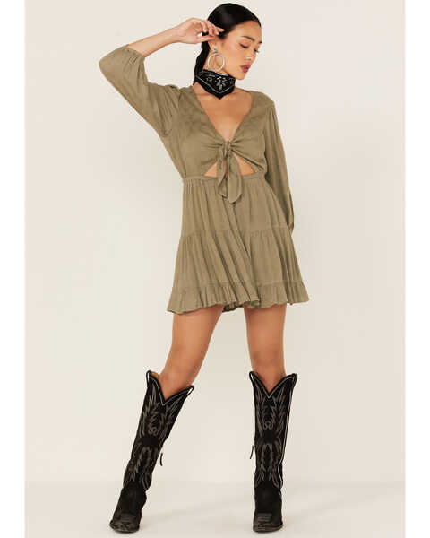 Lush Women's Tie Front Cutout Tiered Long Sleeve Dress, Olive, hi-res