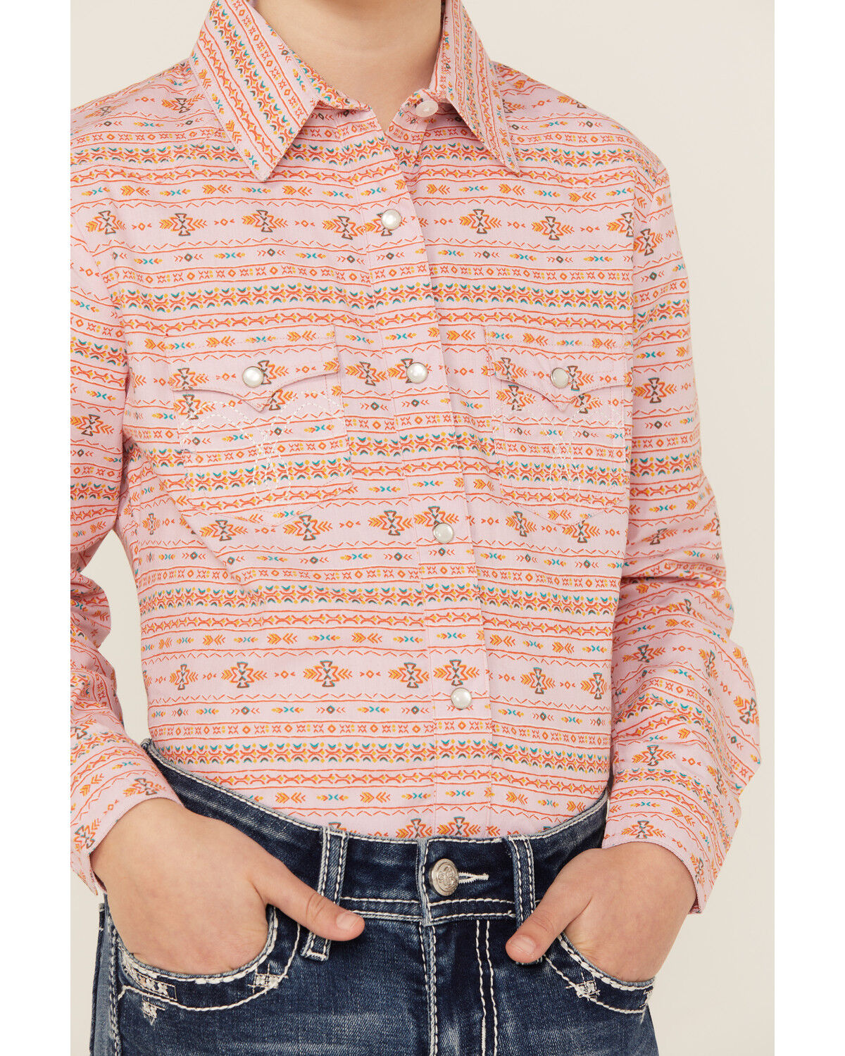 Image #3 - Panhandle Girls' Southwestern Print Long Sleeve Pearl Snap Western Shirt, Pink, hi-res
