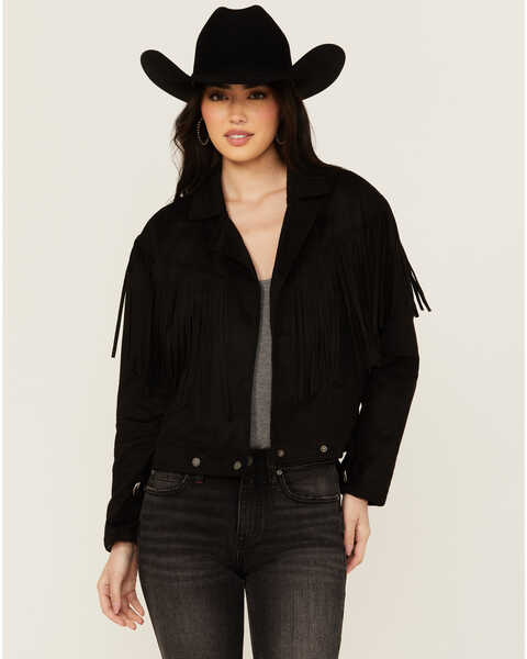 Image #1 - Fornia Women's Fringe Zip Moto Jacket, Black, hi-res