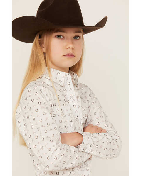 Image #2 - Rough Stock by Panhandle Girls' Horseshoe Print Long Sleeve Pearl Snap Shirt, Taupe, hi-res