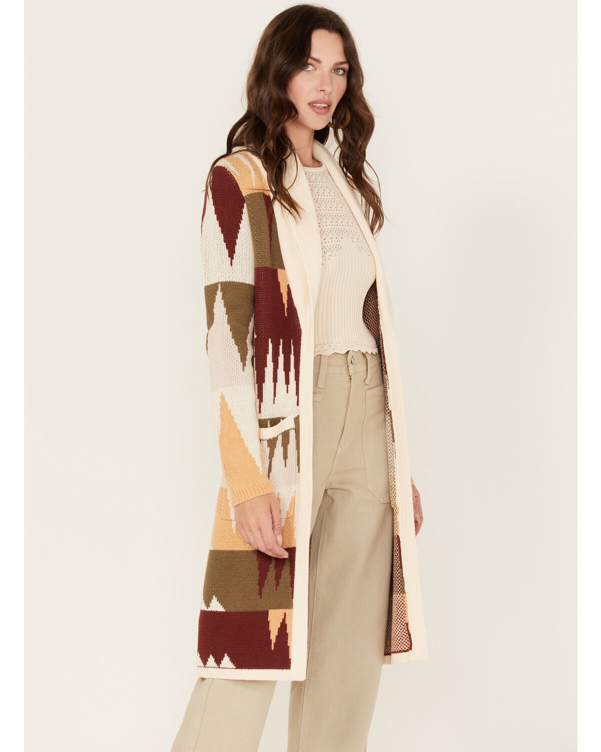 Shyanne Women's Geo Print Duster Cardigan, Ivory, hi-res