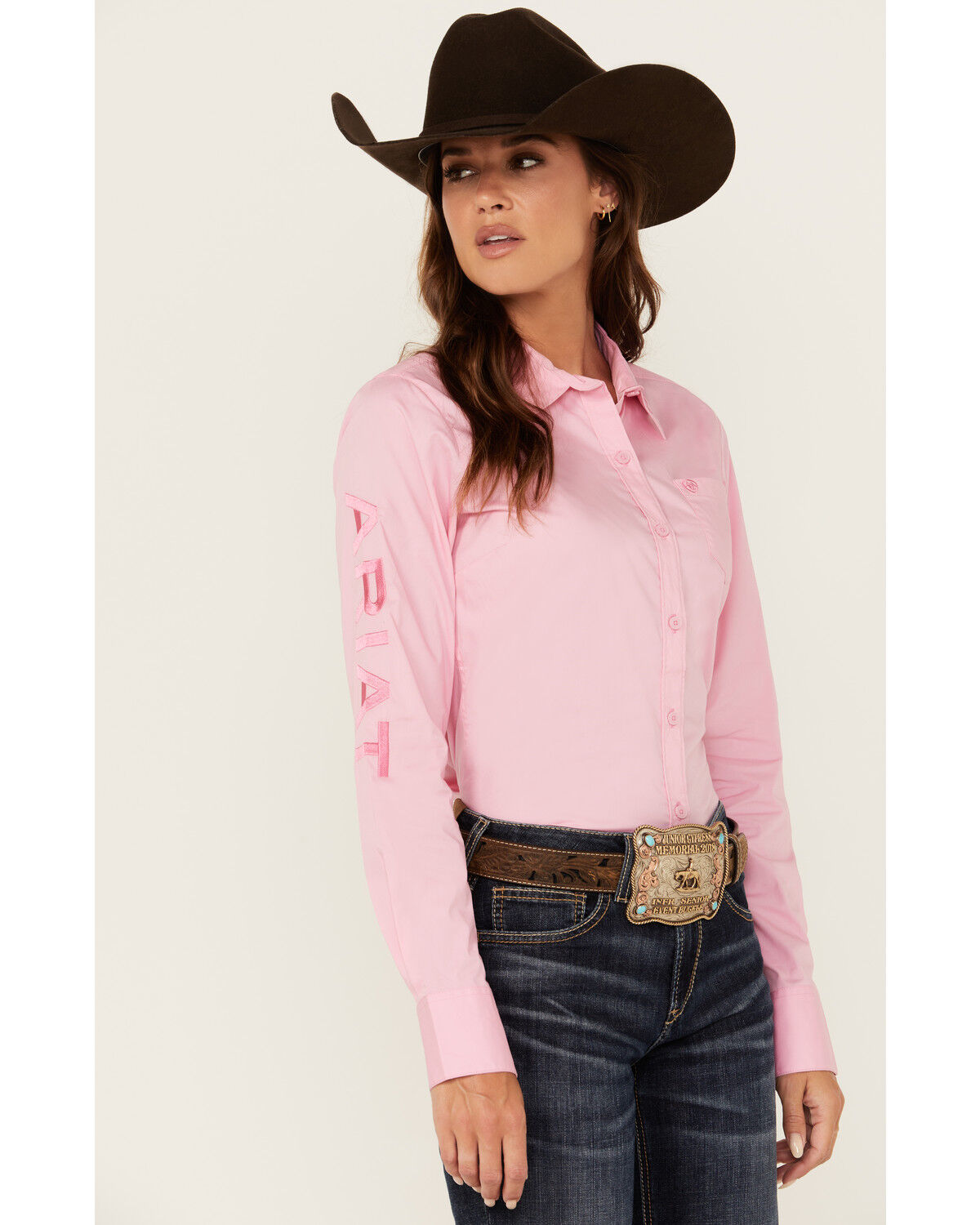 Image #1 - Ariat Women's R.E.A.L Team Kirby Long Sleeve Button-Down Stretch Western Shirt, Pink, hi-res