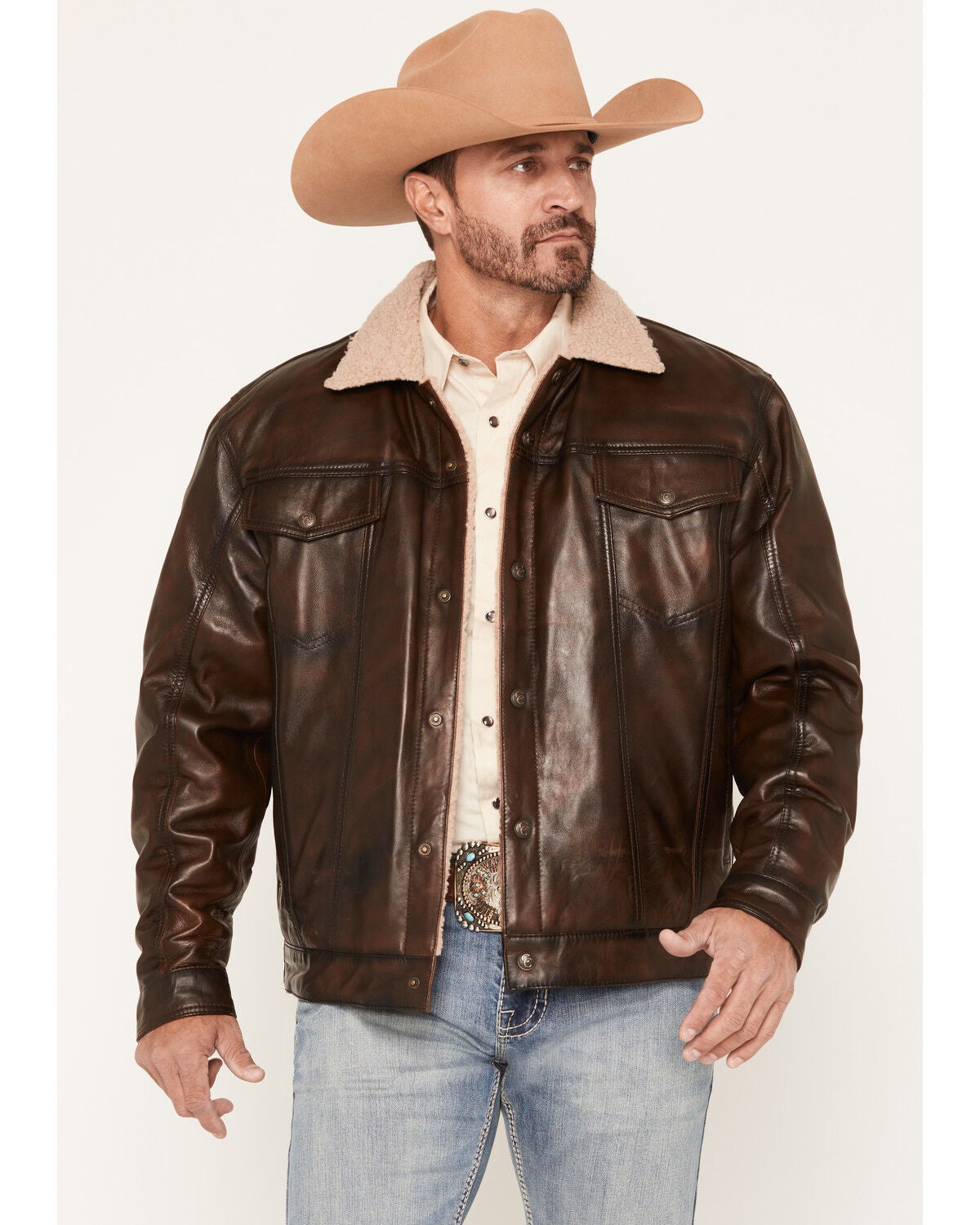 Cripple Creek Men's Sherpa Lined Concealed Carry Trucker Jacket, Brown, hi-res