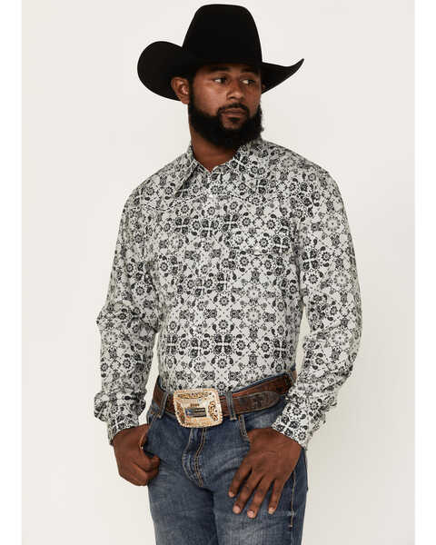 Image #1 - Cowboy Hardware Men's Bandana Print Long Sleeve Pearl Snap Shirt, Grey, hi-res