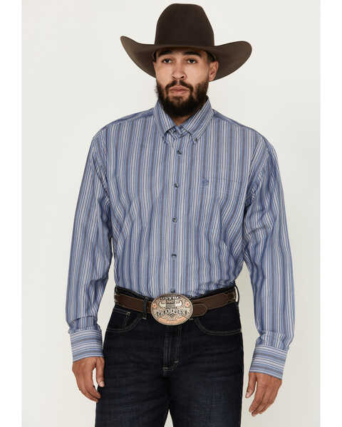 Image #1 - George Strait by Wrangler Men's Striped Long Sleeve Button-Down Western Shirt - Tall , Blue, hi-res