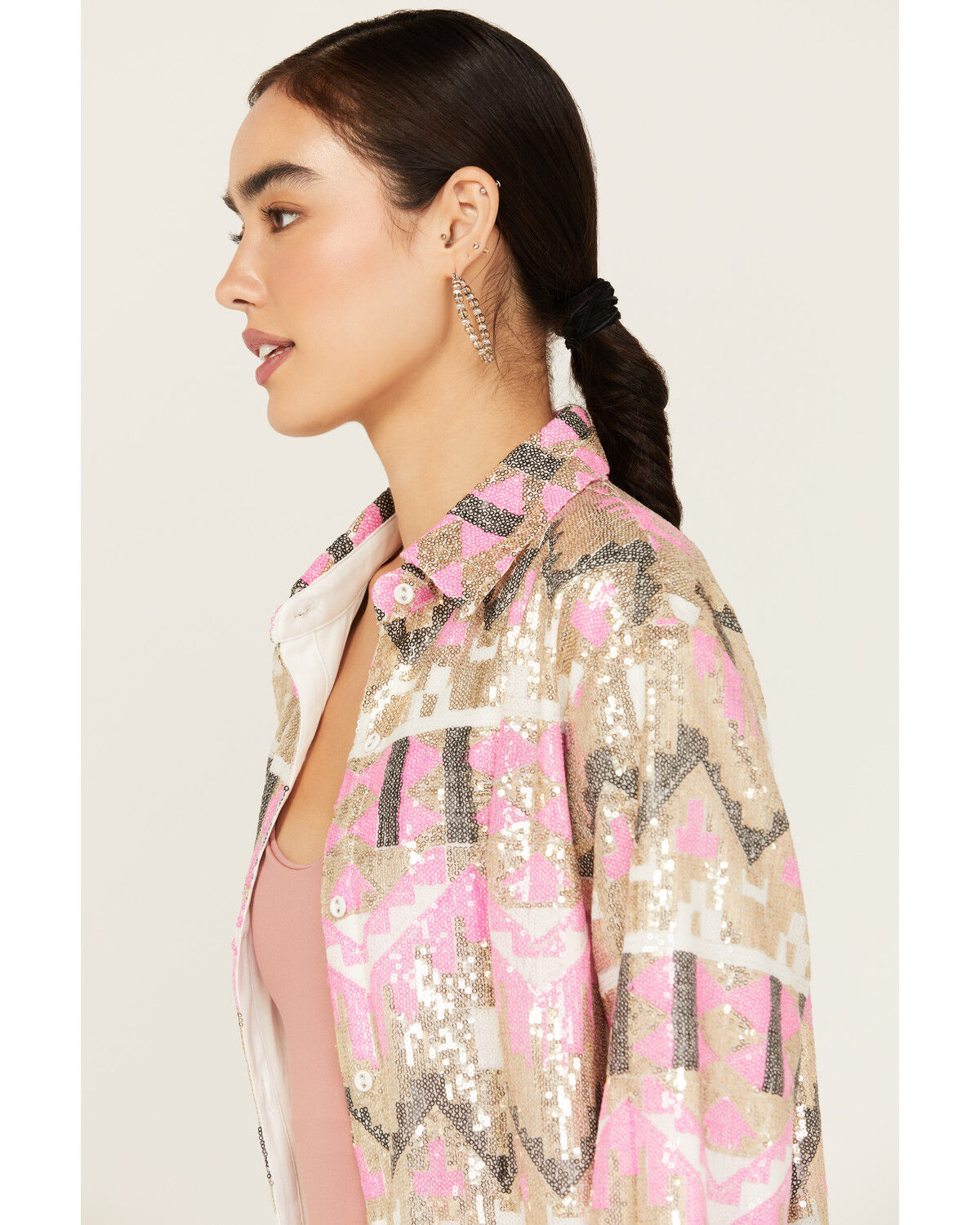 Image #2 - Mainstrip Women's Sequins Long Sleeve Button-Down Shacket, Pink, hi-res