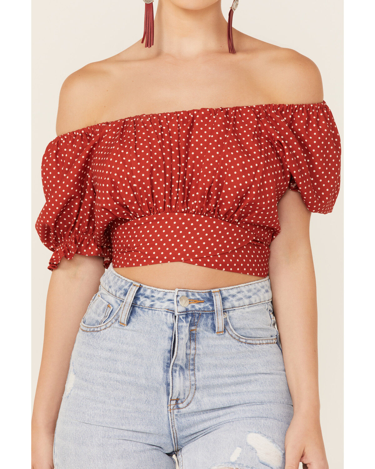 Image #2 - Beyond The Radar Women's Dot Print Tie Back Crop Top, Rust Copper, hi-res