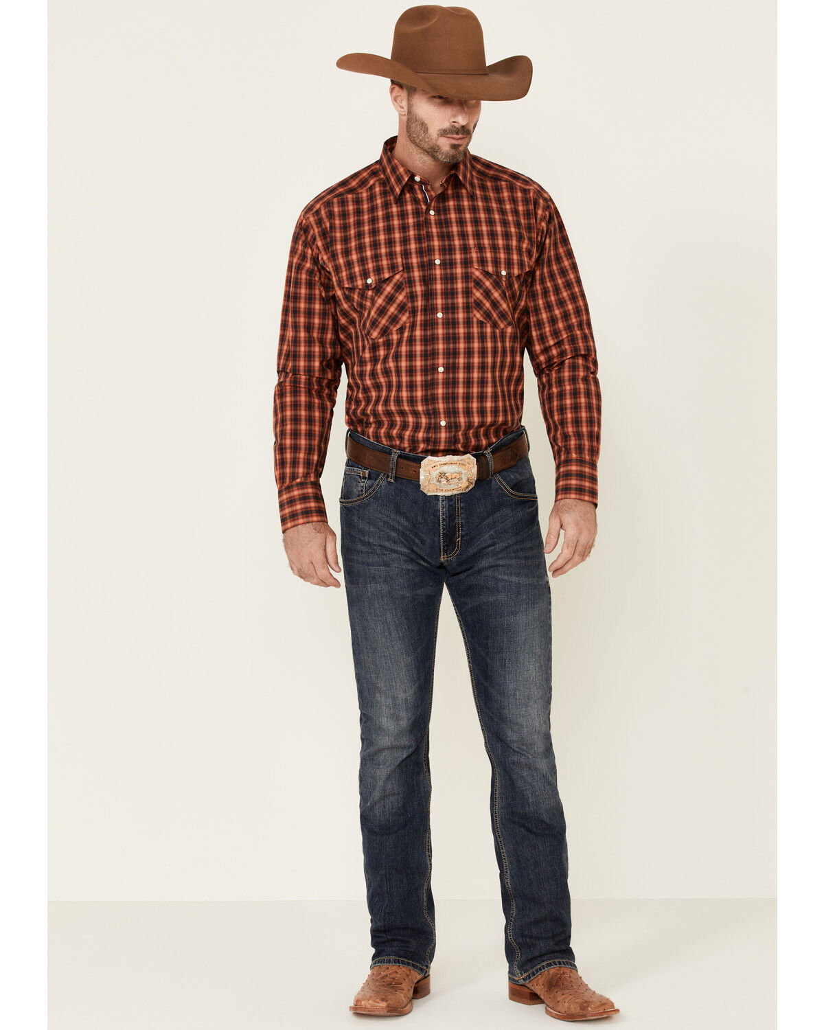 Image #2 - Ariat Men's Pepi Small Plaid Print Long Sleeve Snap Western Shirt, Orange, hi-res