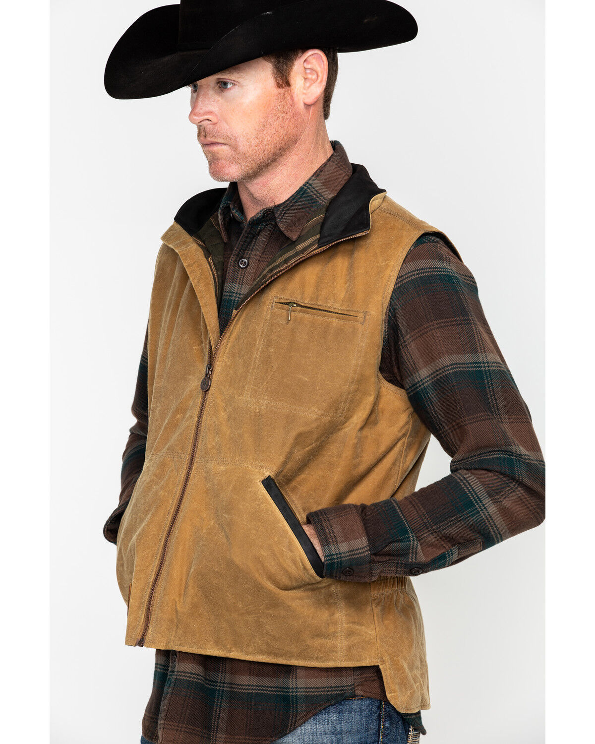 Image #1 - Outback Trading Co Men's Sawbuck Flannel Lined Oilskin Zip-Front Vest, Tan, hi-res