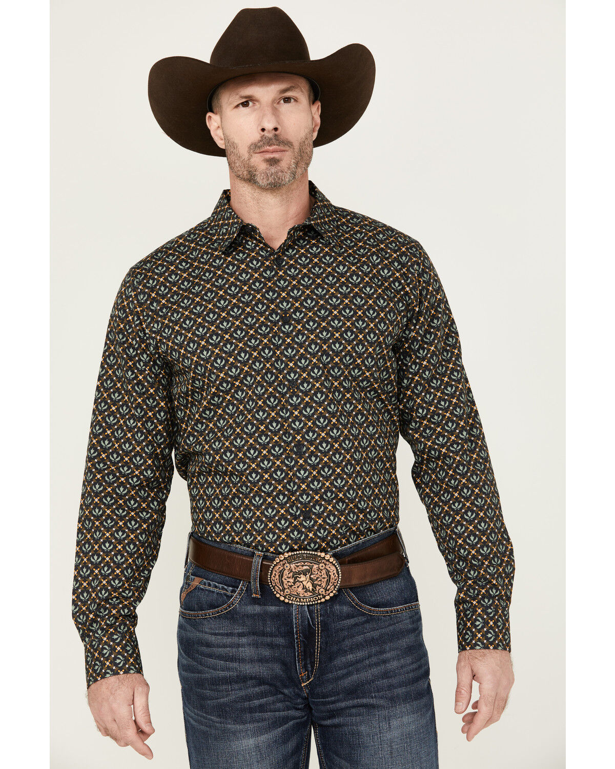 Image #1 - Gibson Men's Fleur de Lis Floral Print Long Sleeve Button-Down Western Shirt, Navy, hi-res