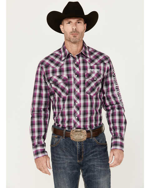 Image #1 - Wrangler Men's Logo Plaid Print Long Sleeve Snap Western Shirt, Purple, hi-res