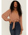 Image #1 - Lush Women's Tie Front Textured Dot Long Sleeve Blouse, Camel, hi-res