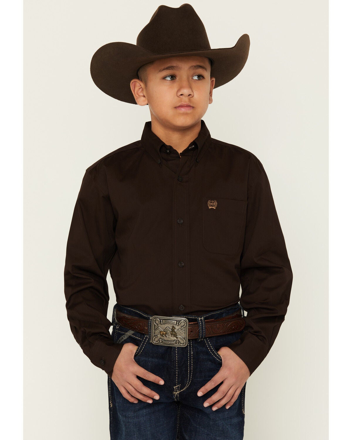 Image #1 - Cinch Boys' Solid Long Sleeve Button-Down Western Shirt, Brown, hi-res
