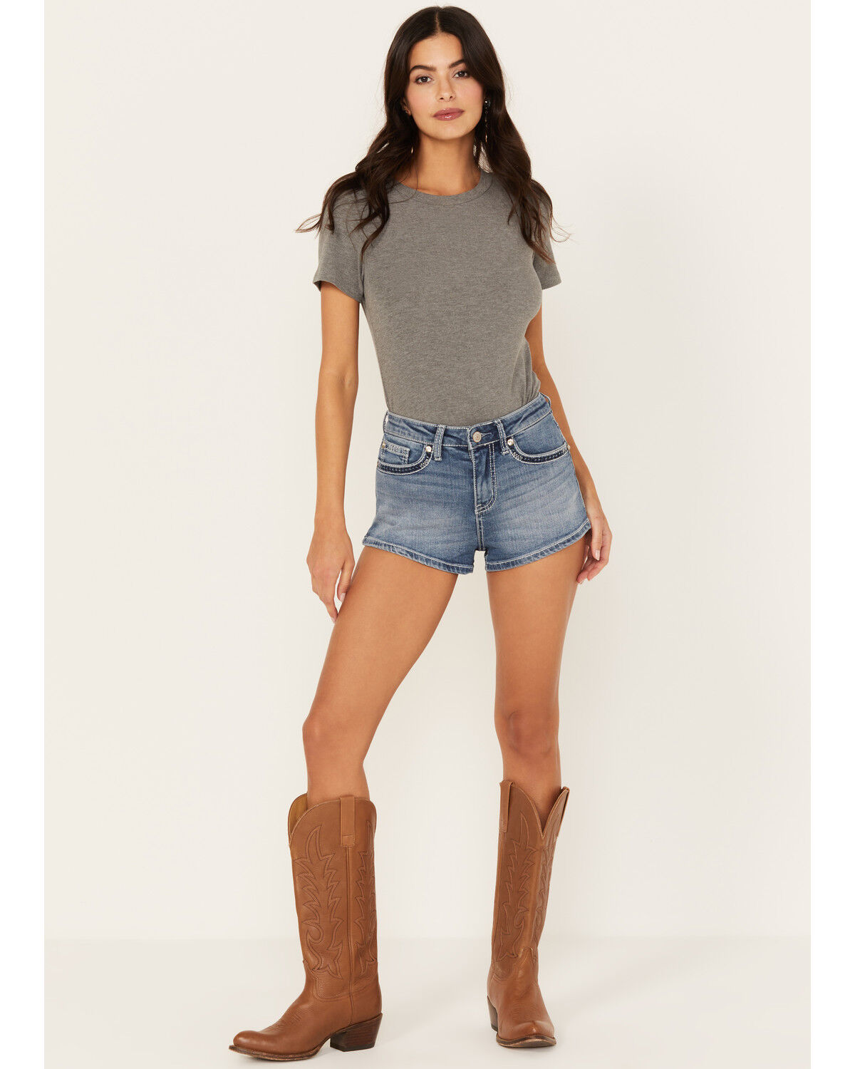Image #1 - Shyanne Women's Medium Wash Mid Rise Embellished Stretch Denim Shorts, Dark Medium Wash, hi-res