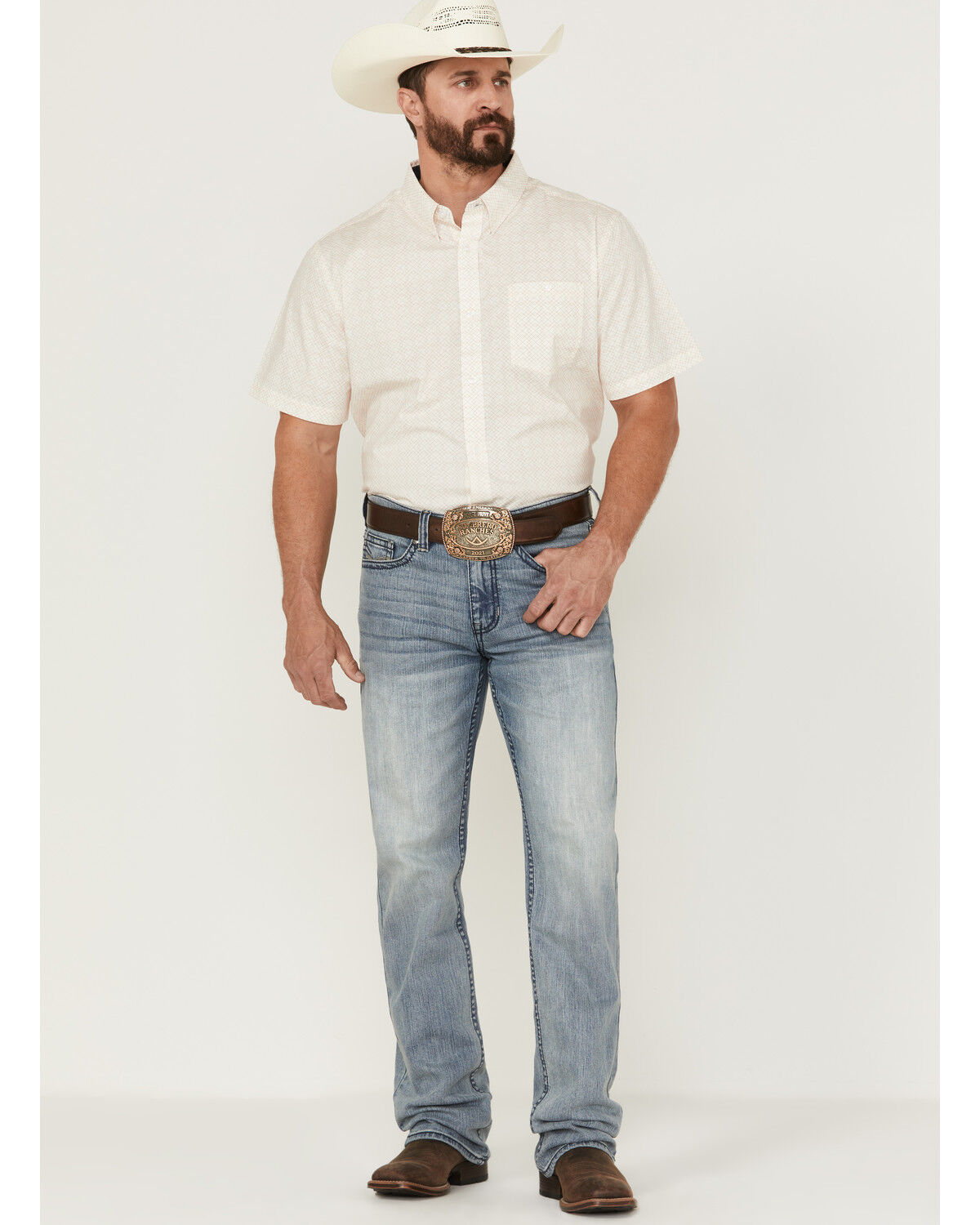 Image #2 - RANK 45® Men's Mustang Geo Print Short Sleeve Button-Down Western Shirt, Cream, hi-res