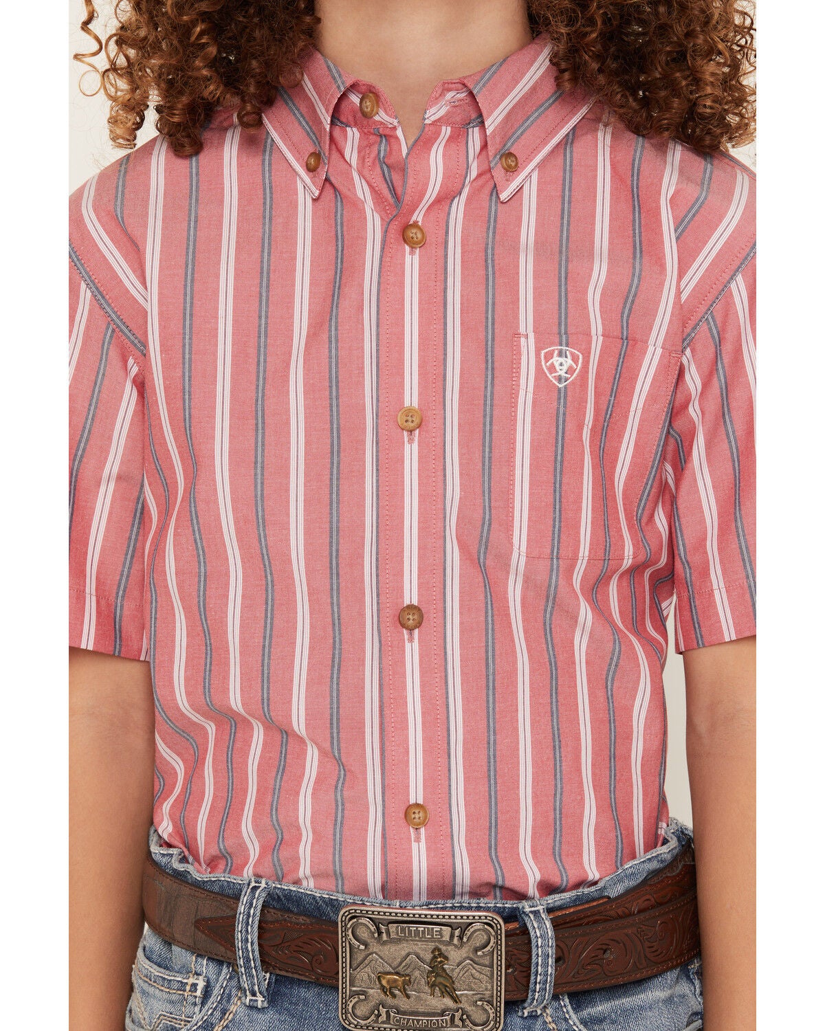 Image #3 - Ariat Boys' Striped Short Sleeve Button-Down Western Shirt, Red, hi-res