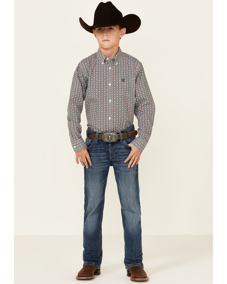 Ariat Boys' Beal Southwestern Print Long Sleeve Button-Down Western Shirt , White, hi-res