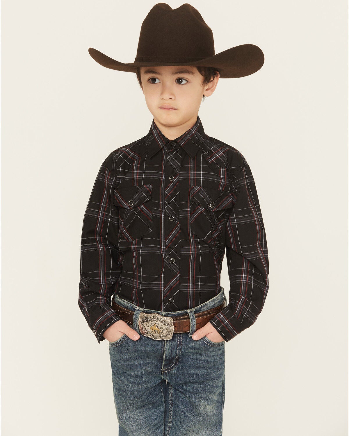 Roper Boys' Plaid Print Long Sleeve Snap Stretch Western Shirt, Black, hi-res