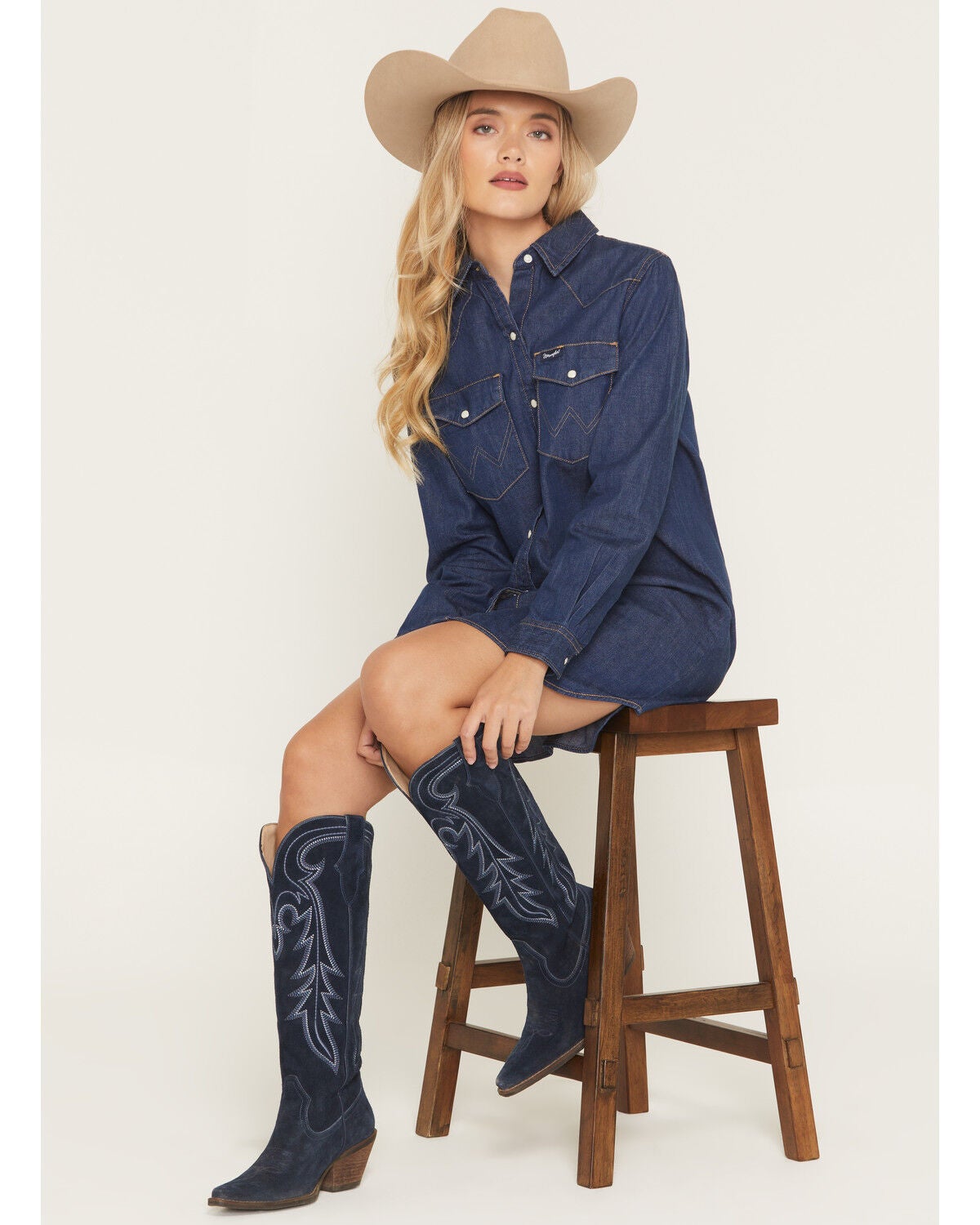Image #2 - Wrangler Women's Dark Wash Long Sleeve Western Denim Mini Shirt Dress, Dark Wash, hi-res