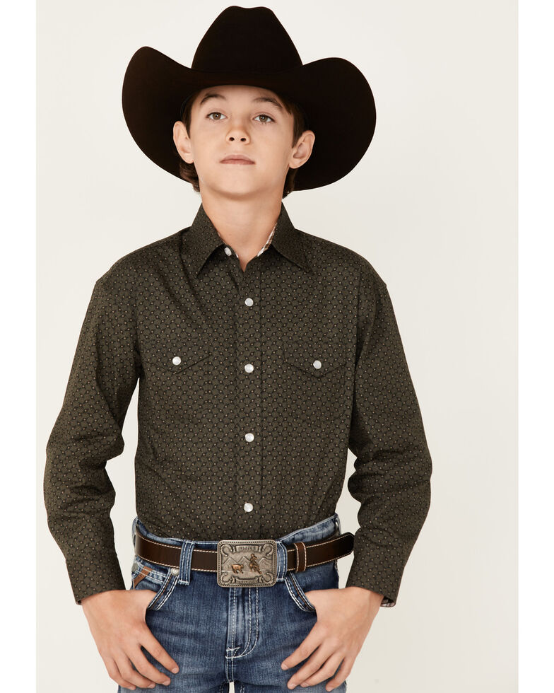 Panhandle Select Boys' Olive Geo Print Long Sleeve Snap Western Shirt , Olive, hi-res