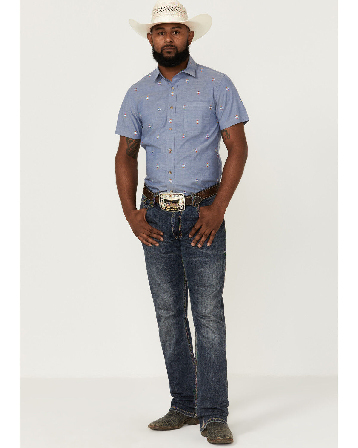 Image #2 - Pendleton Men's Carson Chambray Dobby Short Sleeve Button Down Western Shirt, Blue, hi-res