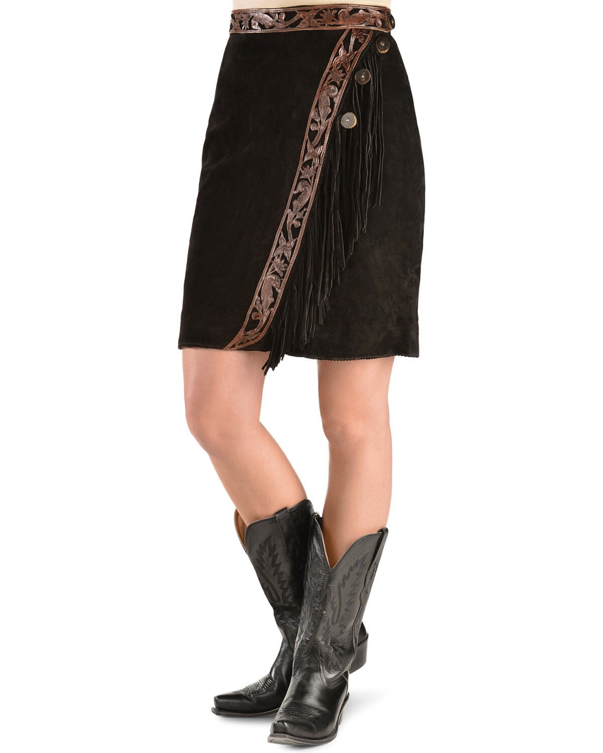 Kobler Leather Women's Tooled Leather & Fringe Sedona Suede Skirt, Black, hi-res