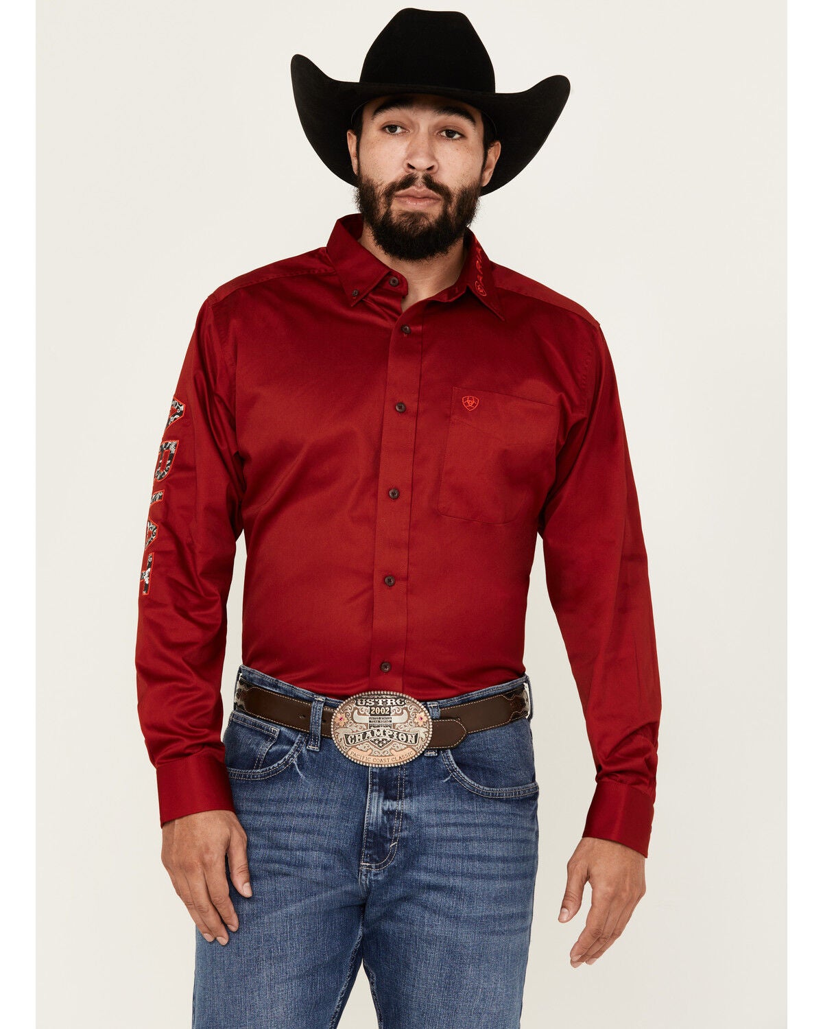 Ariat Men's Boot Barn Exclusive Team Logo Twill Fitted Long Sleeve Button-Down Western Shirt, Red, hi-res