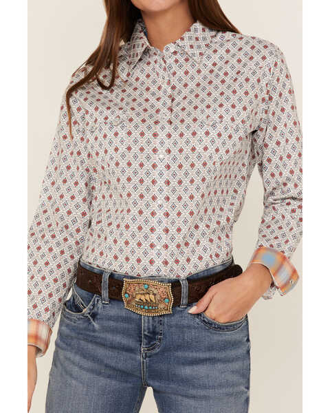 Rough Stock by Panhandle Women's Diamond Geo Print Long Sleeve Pearl Snap Western Shirt, Ivory, hi-res