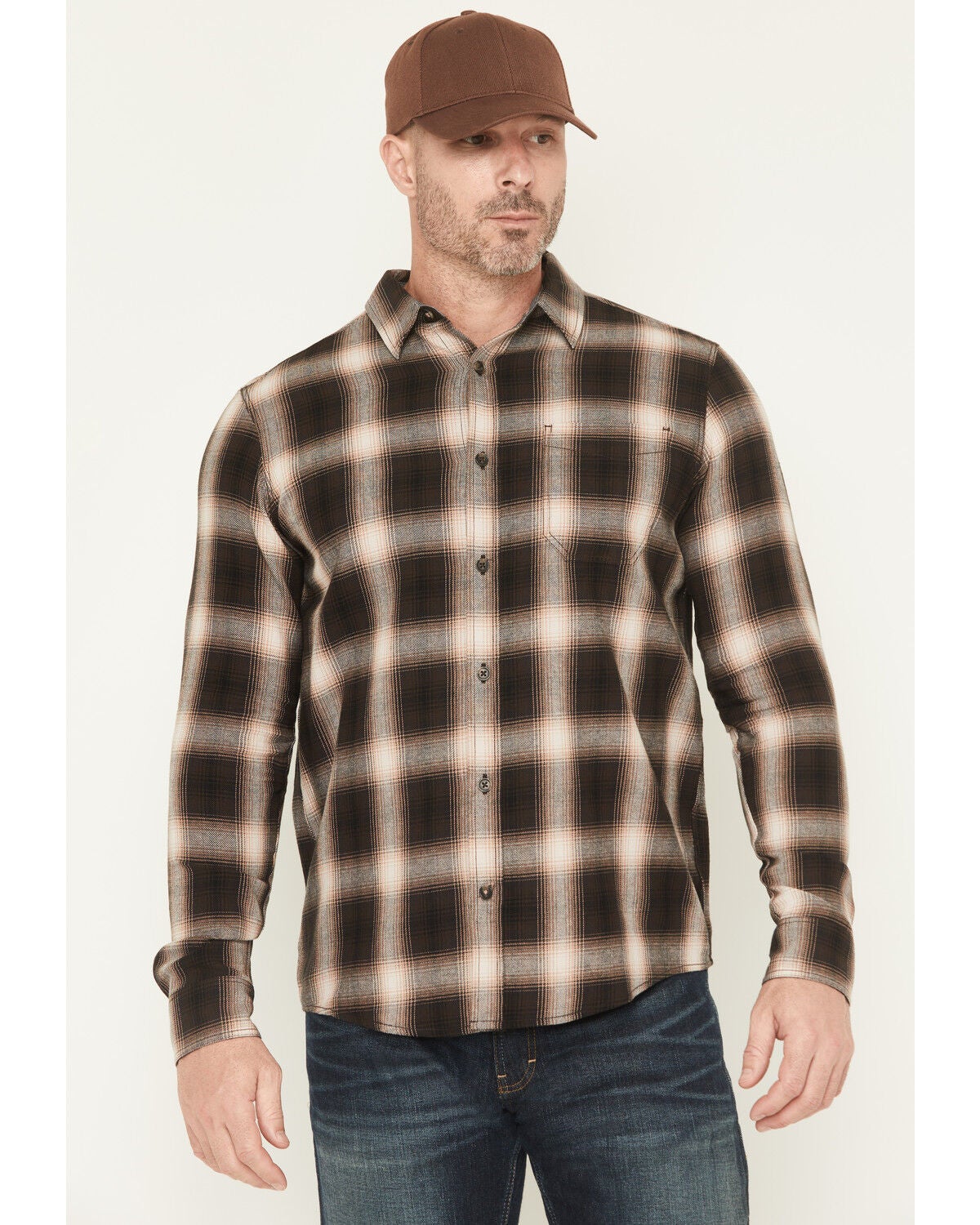 Brothers and Sons Men's Redwood Plaid Print Long Sleeve Button-Down Flannel Shirt, Brown, hi-res