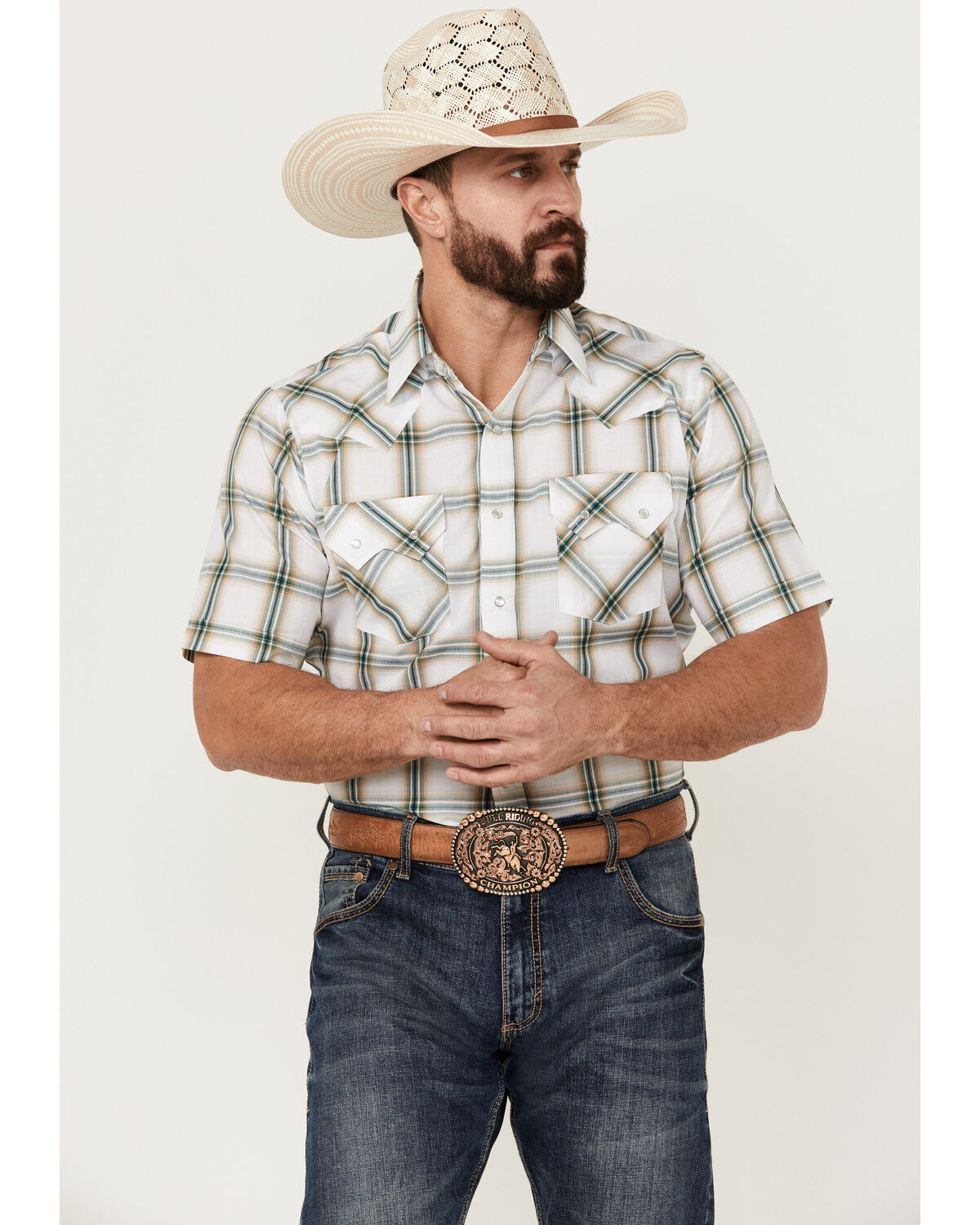Image #1 - Ely Walker Men's Plaid Print Short Sleeve Pearl Snap Western Shirt, White, hi-res
