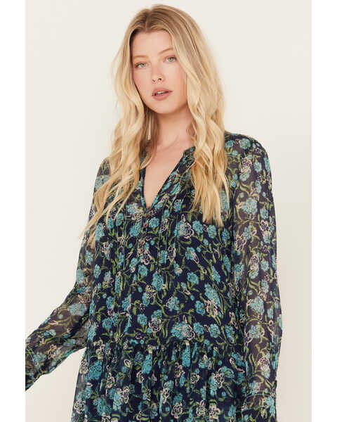 Free People Women's See It Through Floral Long Sleeve Maxi Dress, Blue, hi-res