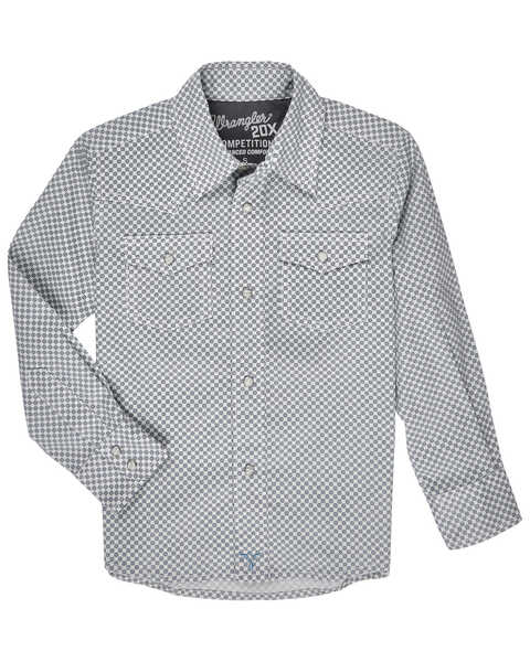Image #1 - Wrangler 20X Boys' Geo Print Long Sleeve Stretch Snap Western Shirt , Blue, hi-res