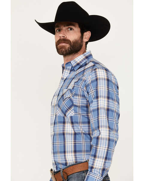 Ely Walker Men's Plaid Print Long Sleeve Pearl Snap Western Shirt, Blue, hi-res