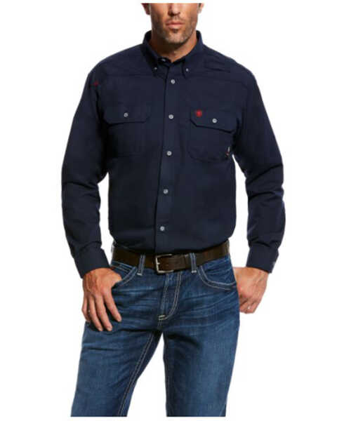 Ariat Men's FR Featherlight Long Sleeve Button Down Work Shirt - Big , Navy, hi-res