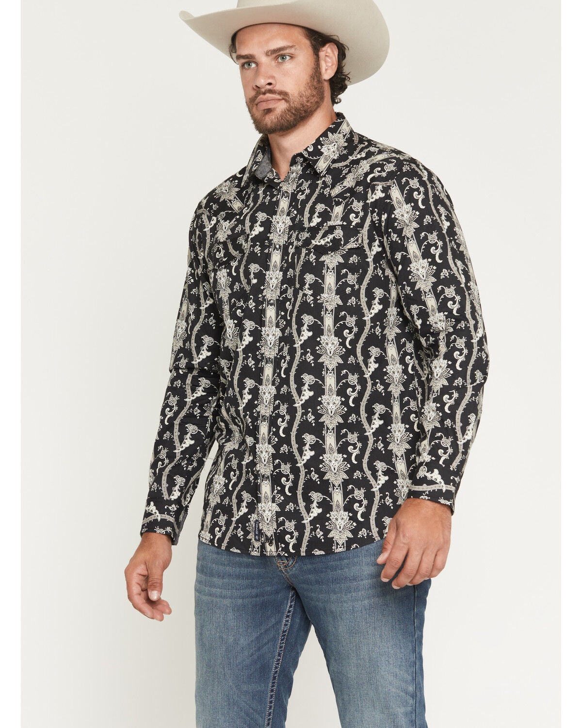 Moonshine Spirit&reg; Men's Twenty Four Seven Floral paisley Print Long Sleeve Snap Western Shirt, Black, hi-res