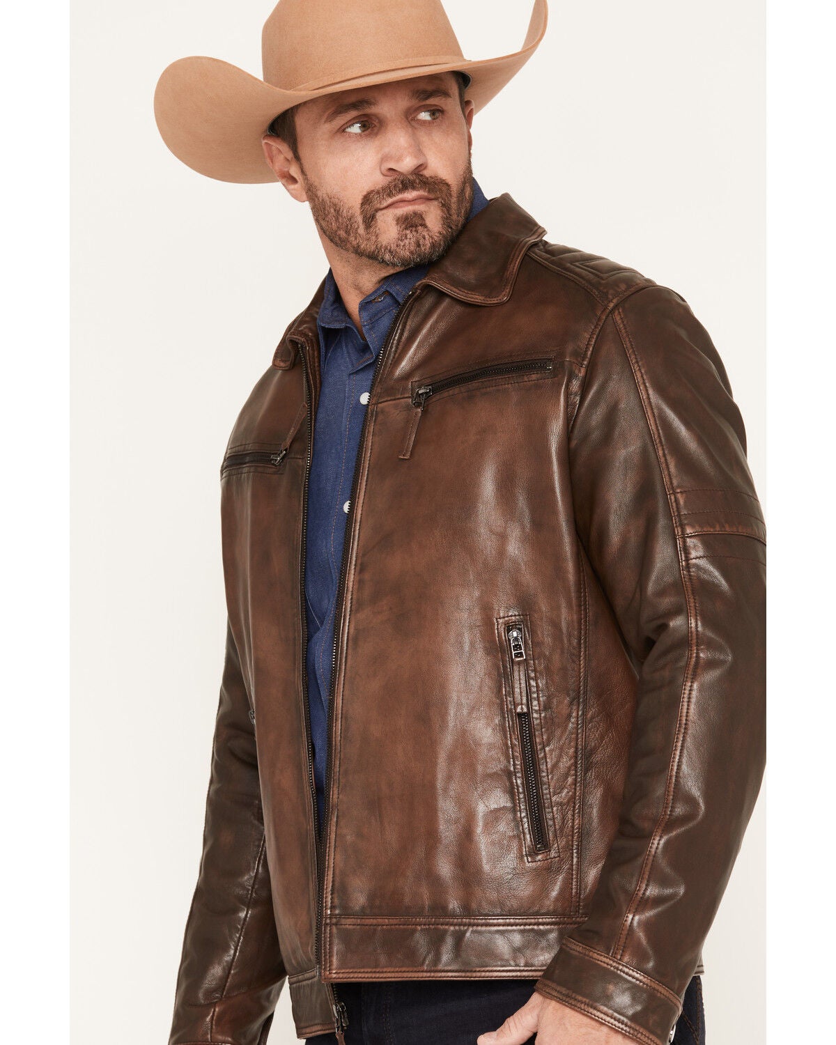Image #2 - Scully Men's Leather Moto Jacket, Brown, hi-res