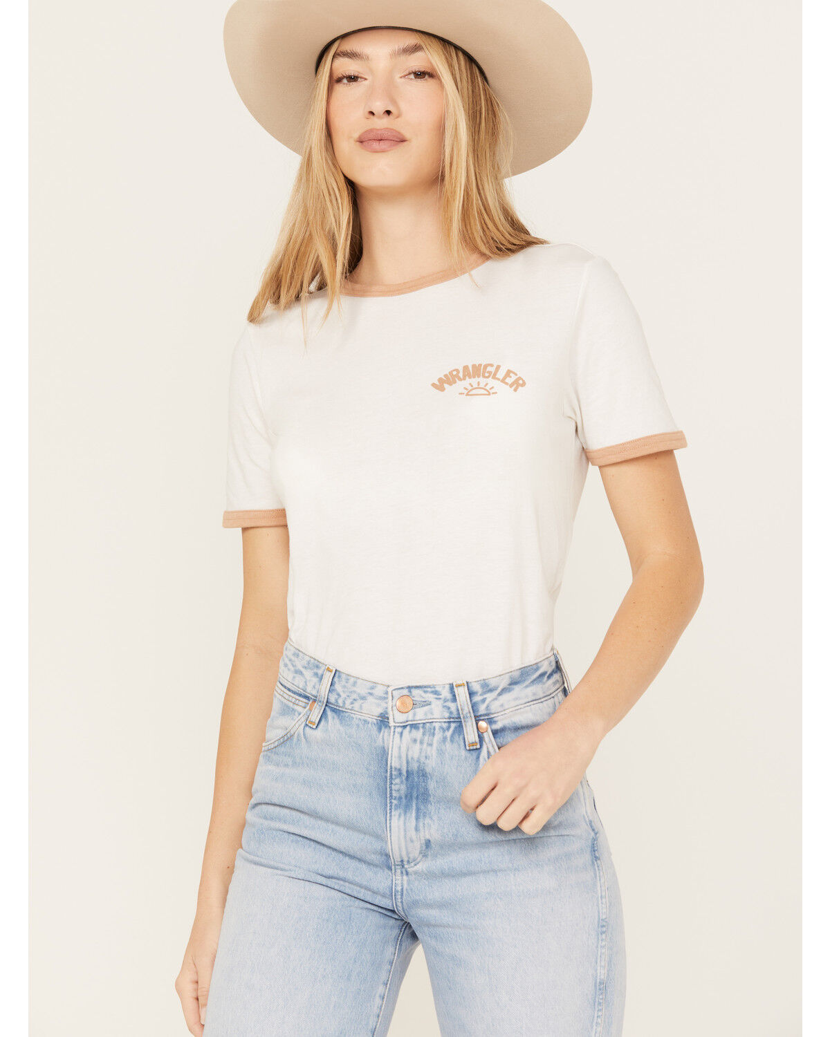 Image #2 - Wrangler Women's Boot Barn Exclusive Sun Graphic Ringer Tee, Ivory, hi-res