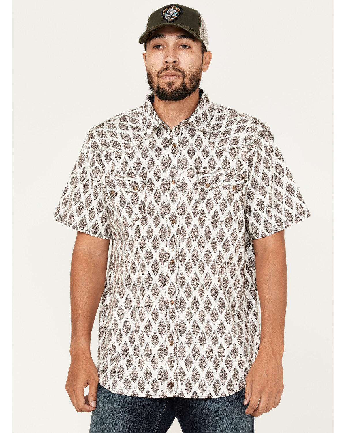 Image #1 - Moonshine Spirit Men's Bar Stool Floral Geo Print Snap Western Shirt, Brown, hi-res